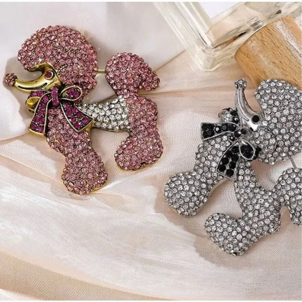 Rhinestone Silver Poodle Brooch Womens Crystal Fashion Statement Piece New